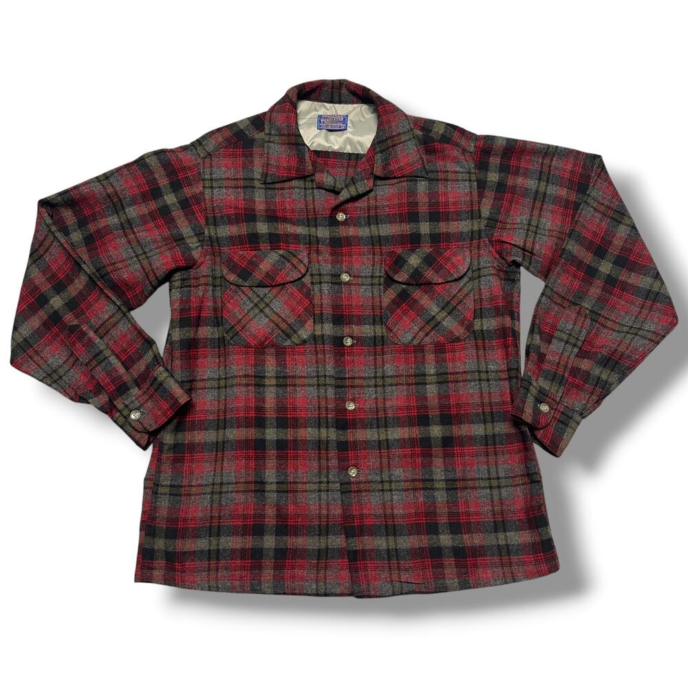 Vintage 60s Pendleton Wool Board Shirt Long Sleeve Red Gray Plaid Sz M